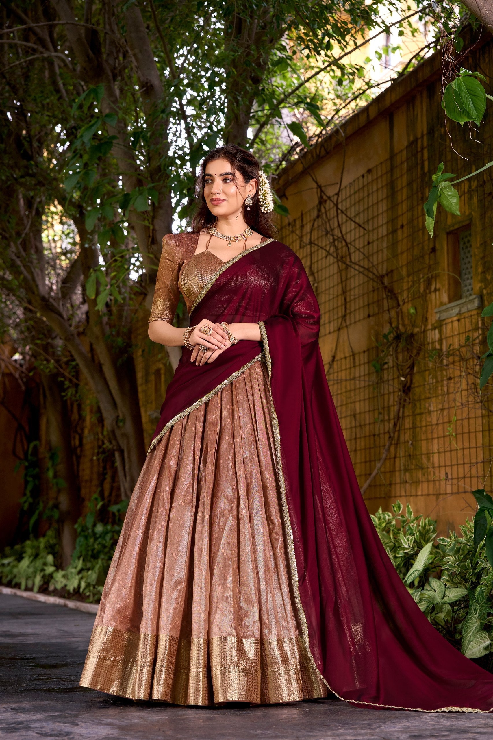 Peach Elegant Dupion Silk Stitched Lehenga with Zari Weaving Work, Unstitched Blouse & Zari Shimmer Dupatta ClothsVilla Main image