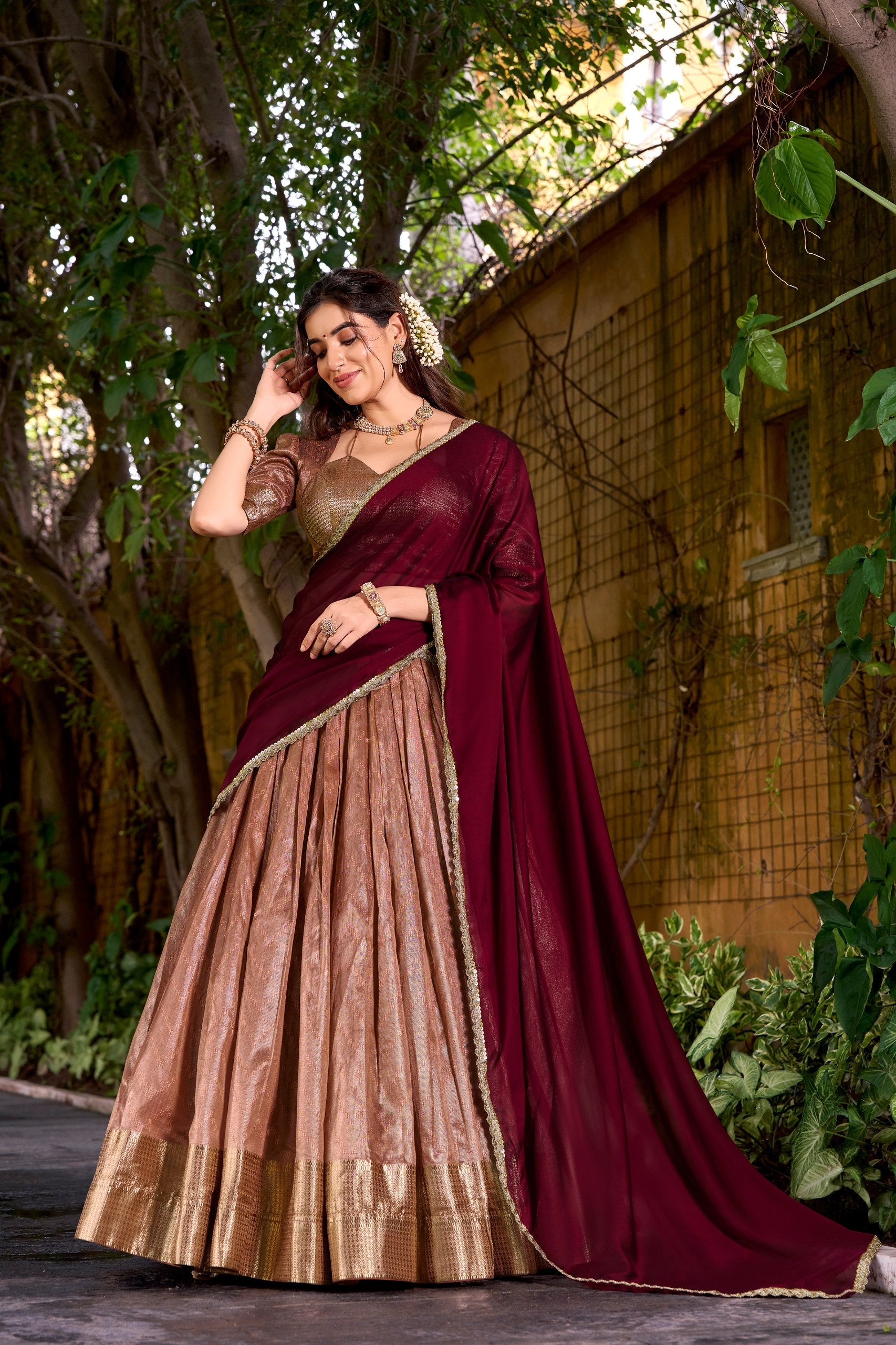 Peach Elegant Dupion Silk Stitched Lehenga with Zari Weaving Work, Unstitched Blouse & Zari Shimmer Dupatta Secondary image