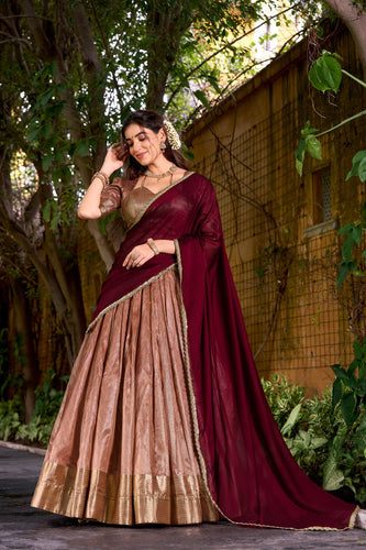 Peach Elegant Dupion Silk Stitched Lehenga with Zari Weaving Work, Unstitched Blouse & Zari Shimmer Dupatta ClothsVilla