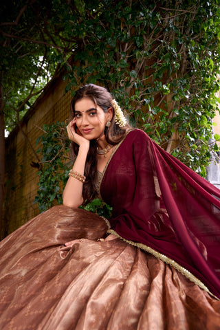 Peach Elegant Dupion Silk Stitched Lehenga with Zari Weaving Work, Unstitched Blouse & Zari Shimmer Dupatta ClothsVilla