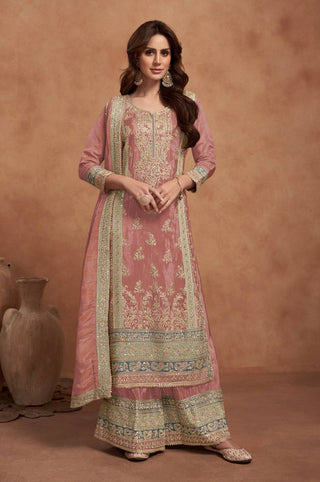 Peach Elegant Embroidered Chinon Top & Plazo Set with Dupatta ClothsVilla