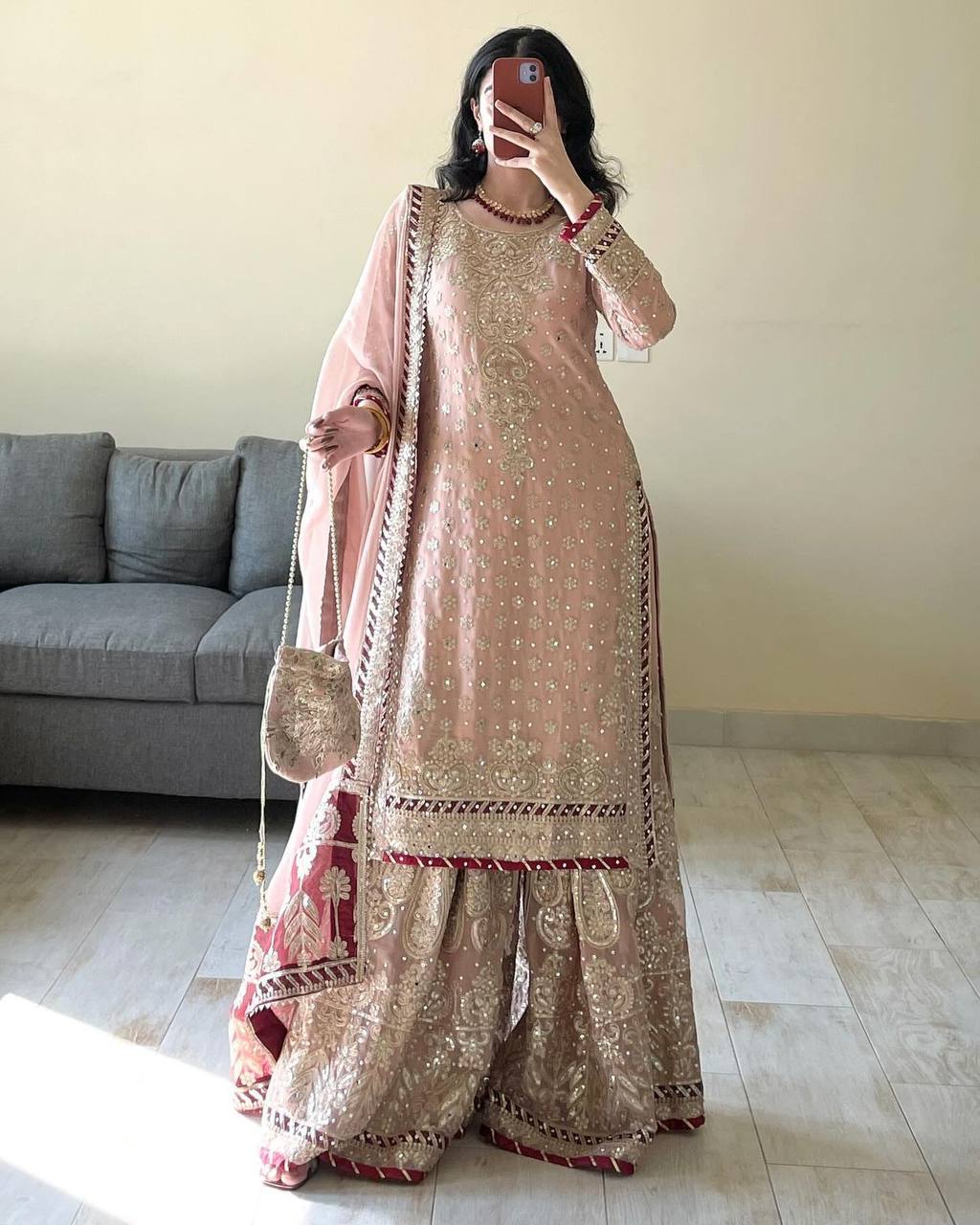 Peach Elegant Embroidered Sharara Set ClothsVilla