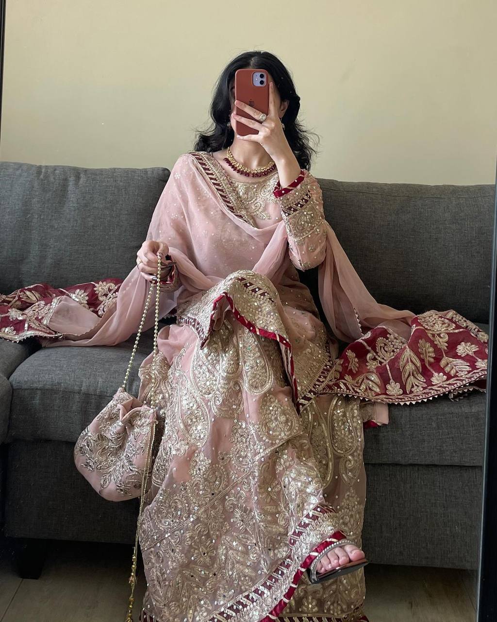 Peach Elegant Embroidered Sharara Set ClothsVilla