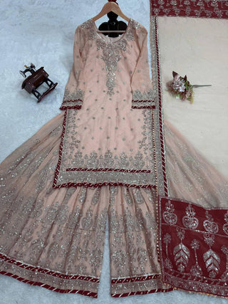 Peach Elegant Embroidered Sharara Set ClothsVilla