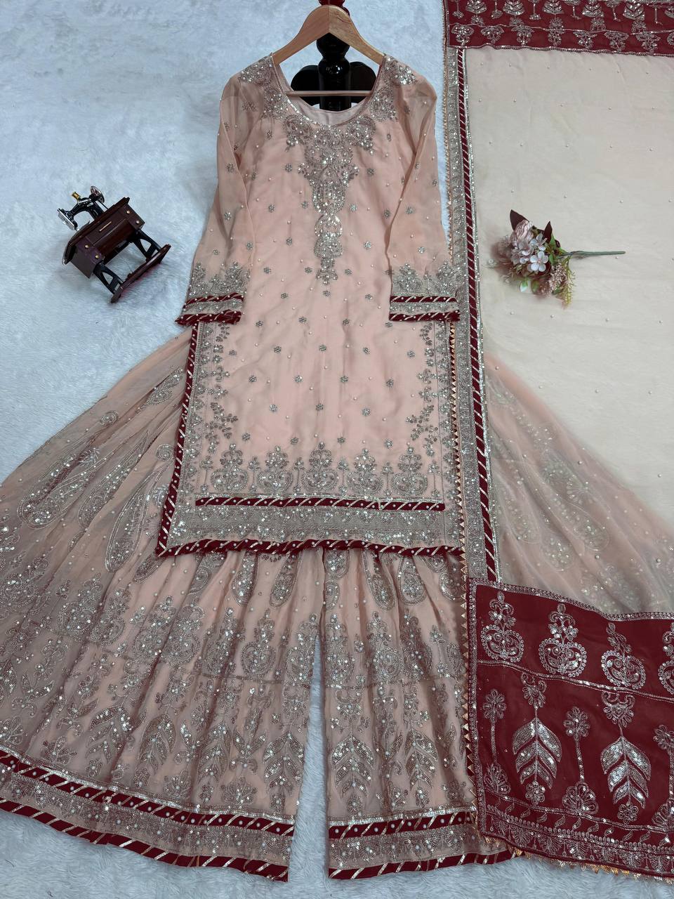 Peach Elegant Embroidered Sharara Set ClothsVilla
