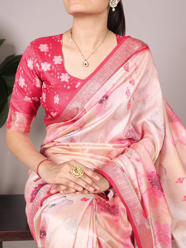 Peach Elegant Floral Printed Tussar Silk Saree with Viscose Border ClothsVilla
