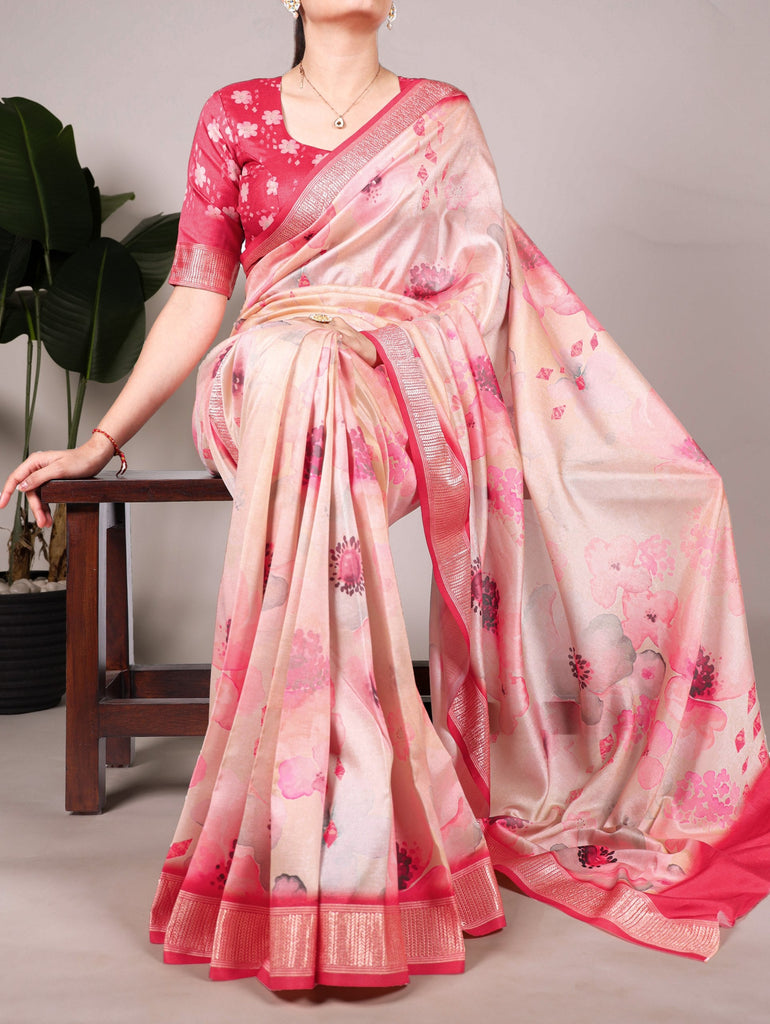 Peach Elegant Floral Printed Tussar Silk Saree with Viscose Border ClothsVilla
