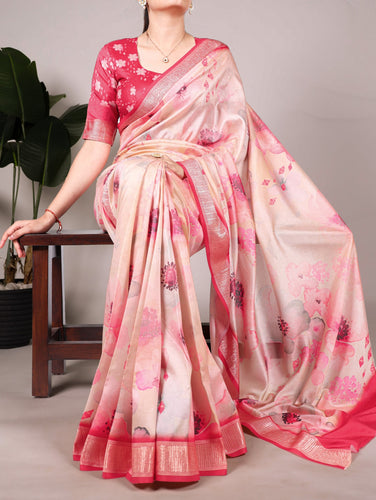 Peach Elegant Floral Printed Tussar Silk Saree with Viscose Border ClothsVilla