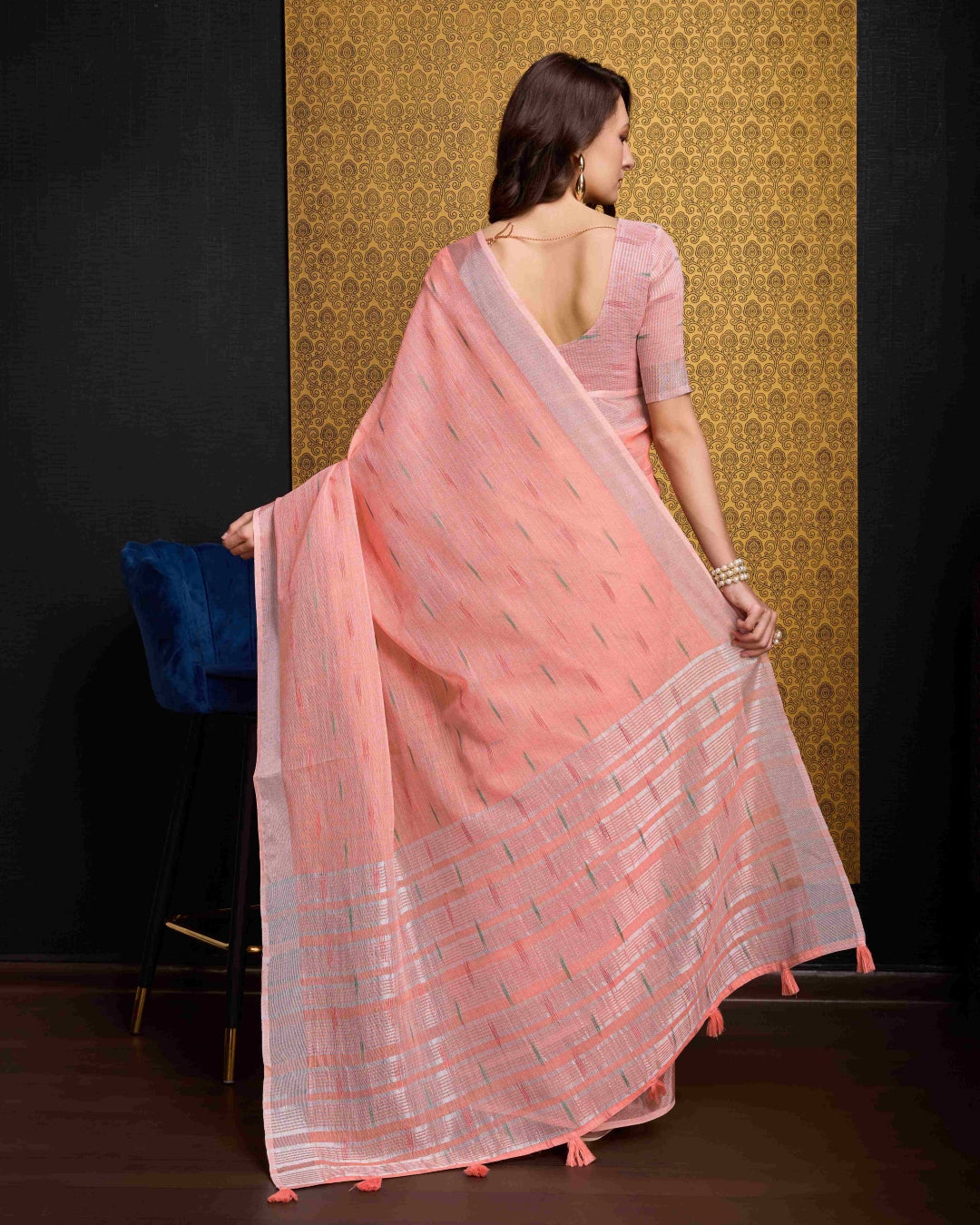 Peach Elegant & Gold-Toned Ikat Woven Saree with Zari Border ClothsVilla
