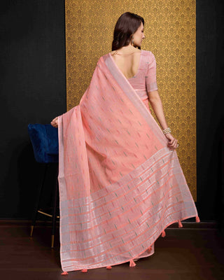 Peach Elegant & Gold-Toned Ikat Woven Saree with Zari Border ClothsVilla