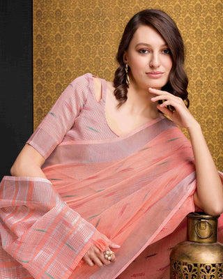 Peach Elegant & Gold-Toned Ikat Woven Saree with Zari Border ClothsVilla