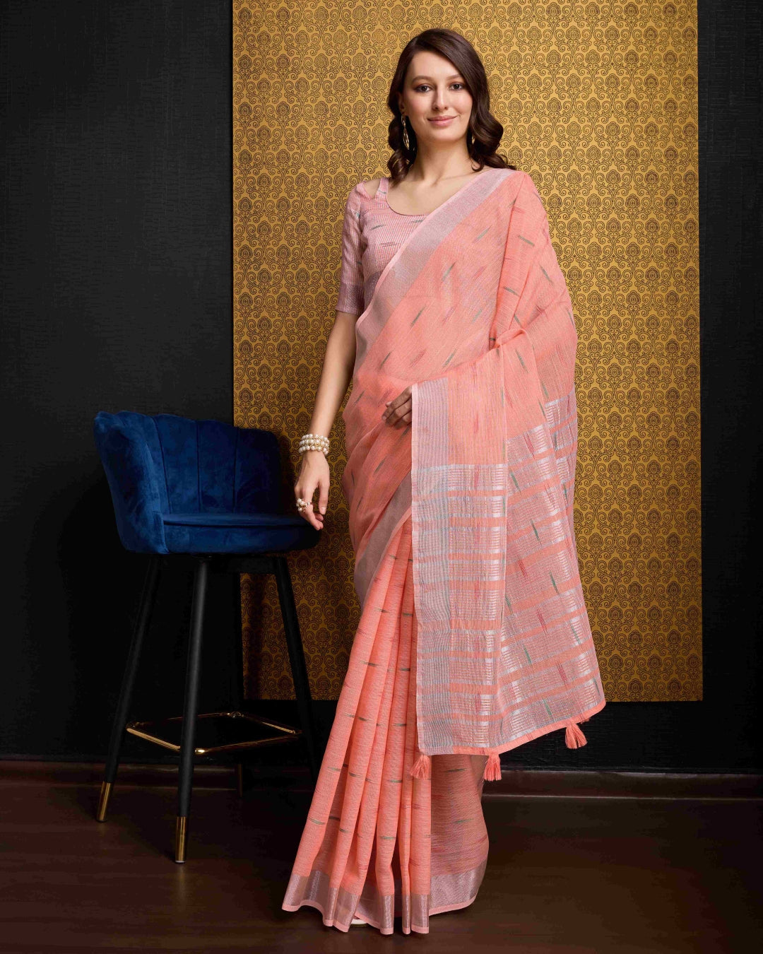 Peach Elegant & Gold-Toned Ikat Woven Saree with Zari Border Secondary image