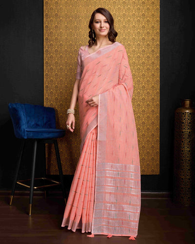 Peach Elegant & Gold-Toned Ikat Woven Saree with Zari Border ClothsVilla