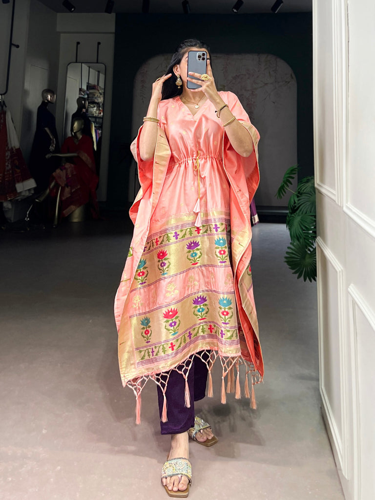 Peach Elegant Jacquard Paithani Kaftan with Zari Weaving Work ClothsVilla
