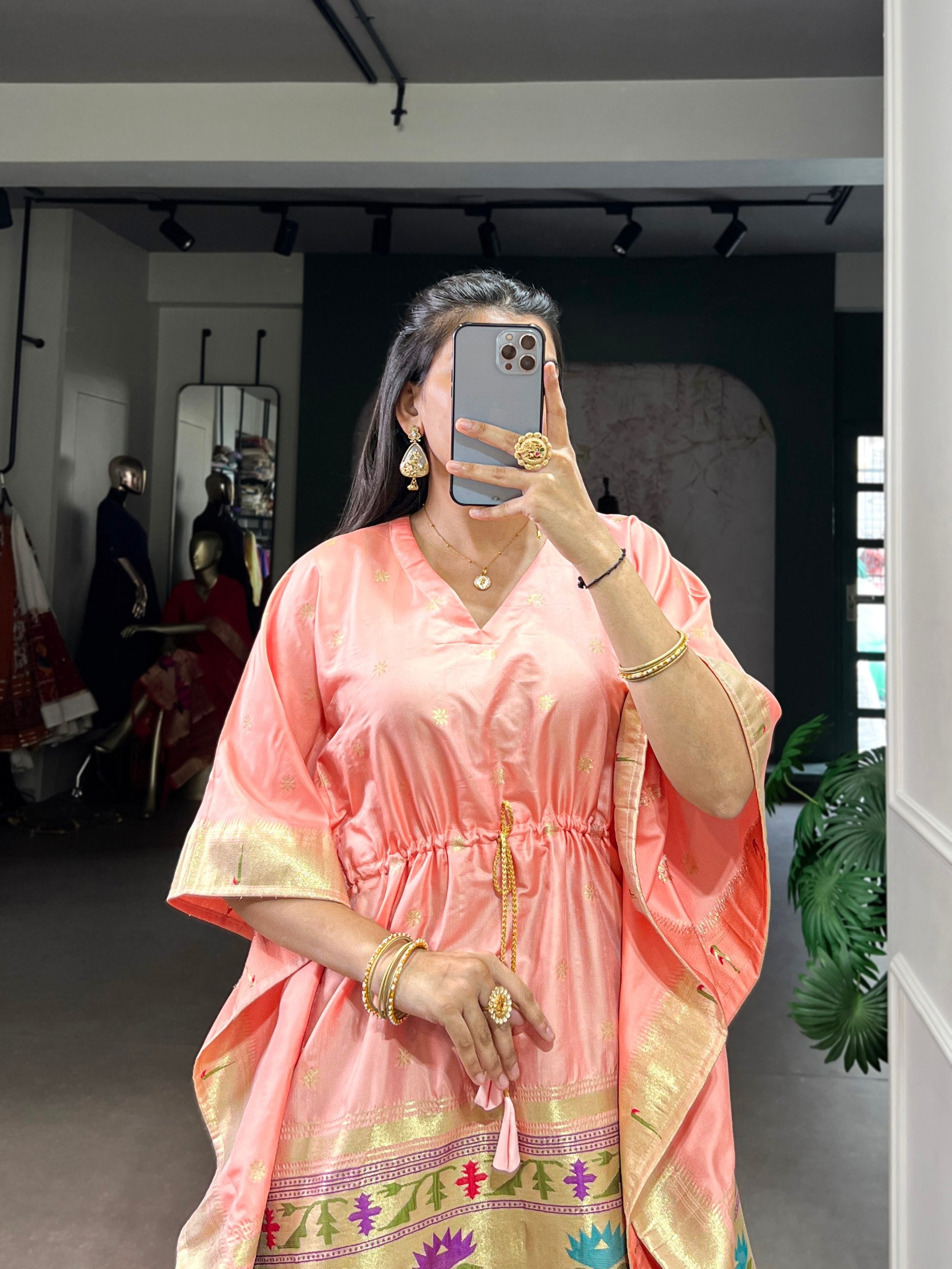 Peach Elegant Jacquard Paithani Kaftan with Zari Weaving Work Secondary image
