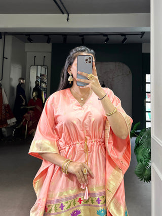 Peach Elegant Jacquard Paithani Kaftan with Zari Weaving Work ClothsVilla