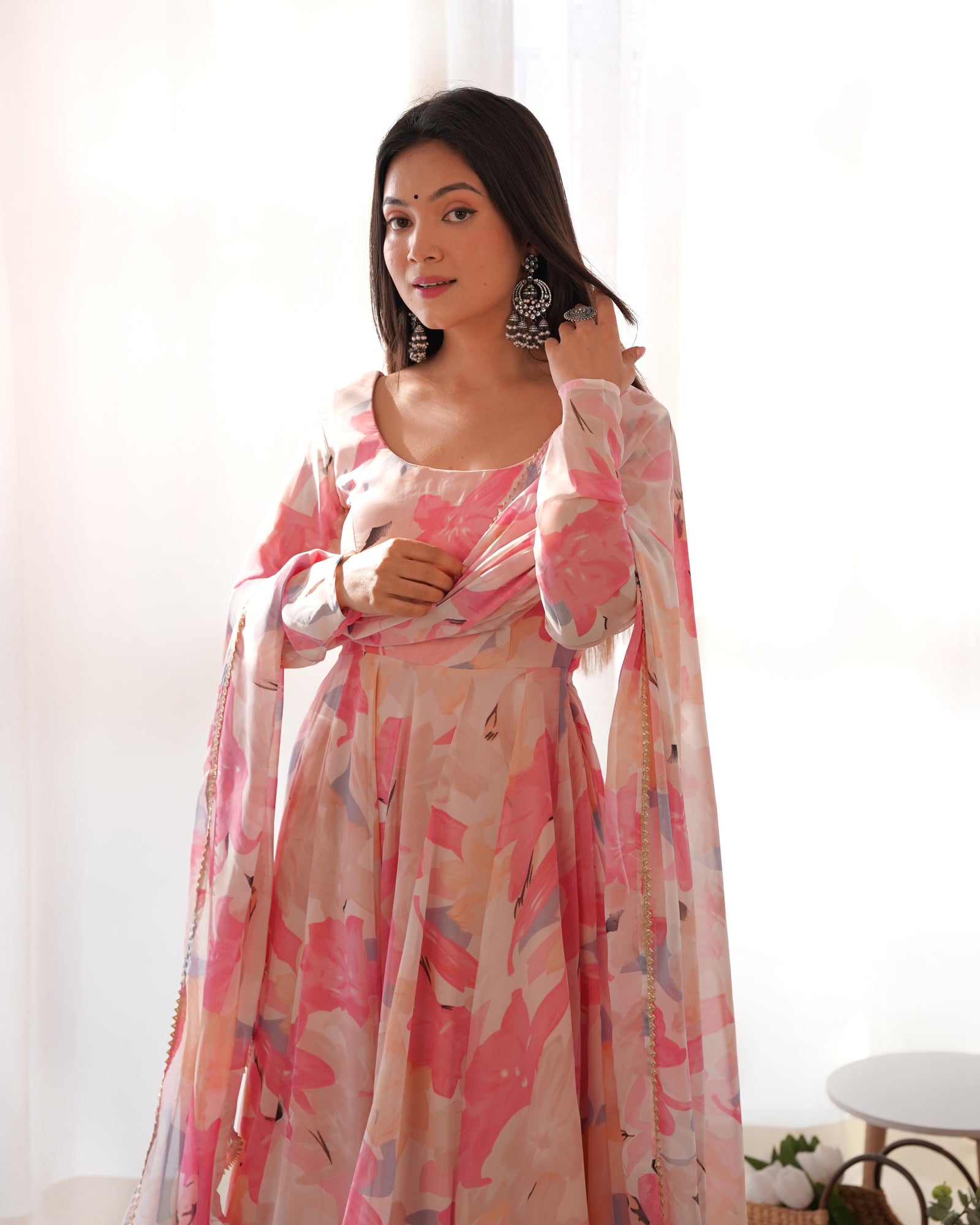 Peach Elegant Laheriya Print Multi-Floral Anarkali Set – Pure Fox Georgette | Wedding & Festive Wear
