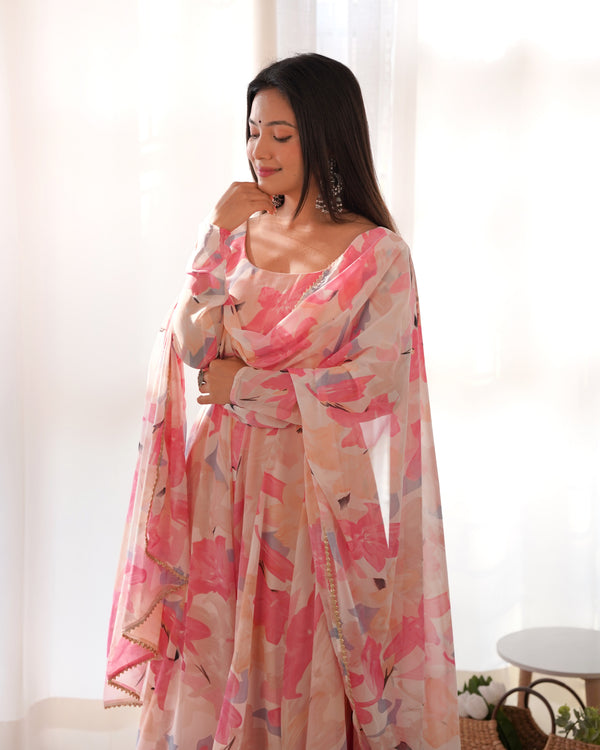 Peach Elegant Laheriya Print Multi-Floral Anarkali Set – Pure Fox Georgette | Wedding & Festive Wear