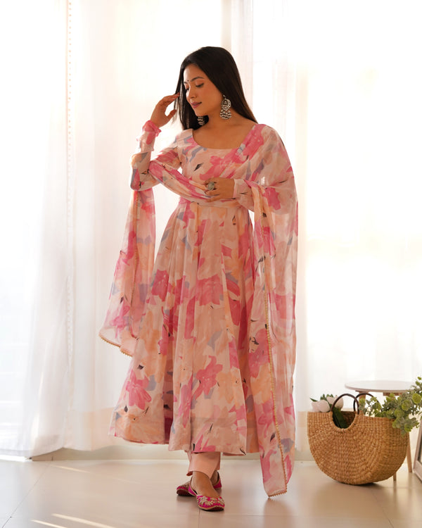 Peach Elegant Laheriya Print Multi-Floral Anarkali Set – Pure Fox Georgette | Wedding & Festive Wear