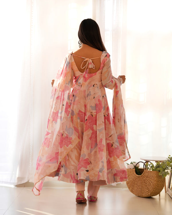 Peach Elegant Laheriya Print Multi-Floral Anarkali Set – Pure Fox Georgette | Wedding & Festive Wear