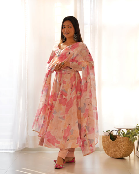 Peach Elegant Laheriya Print Multi-Floral Anarkali Set – Pure Fox Georgette | Wedding & Festive Wear Main image