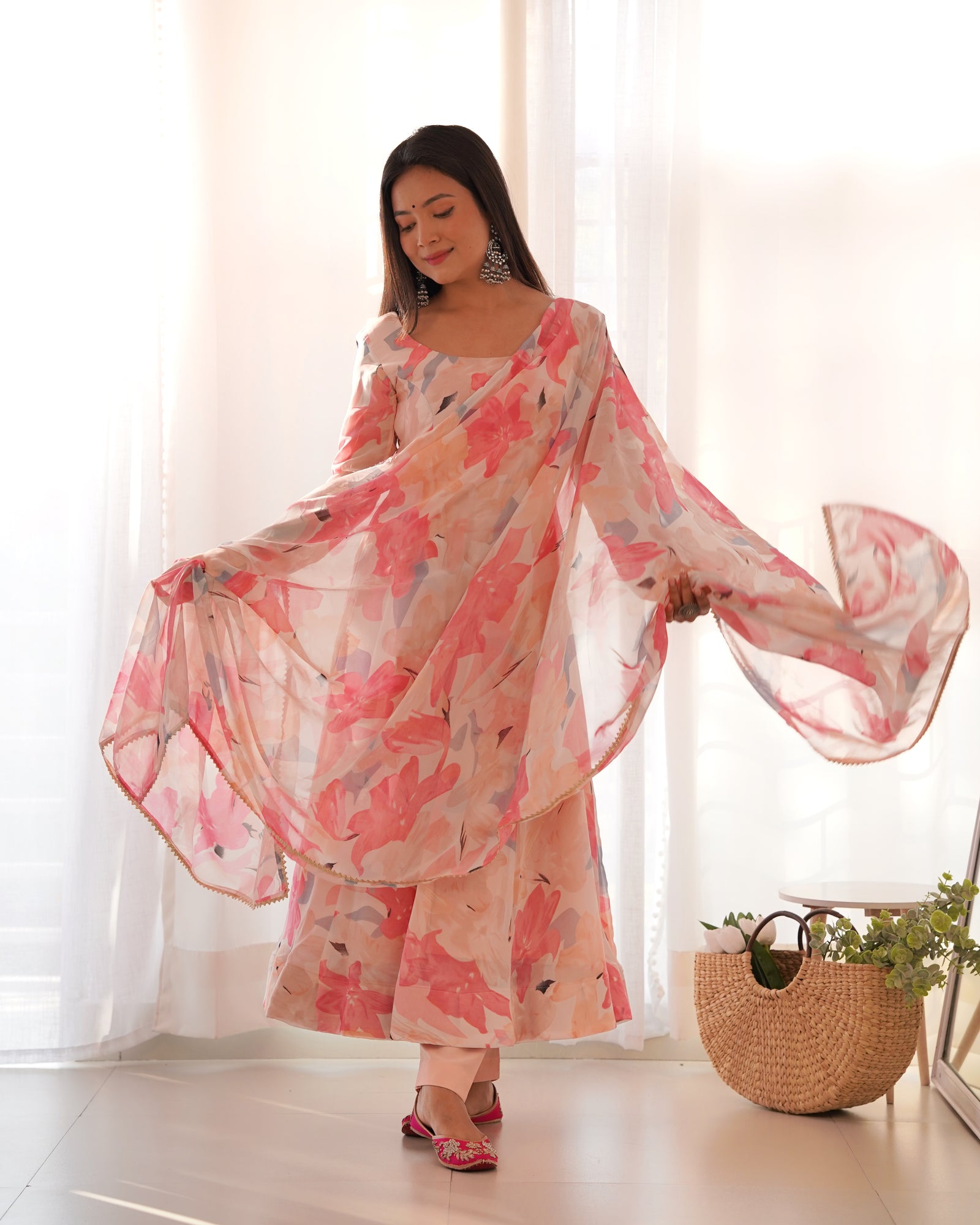 Peach Elegant Laheriya Print Multi-Floral Anarkali Set – Pure Fox Georgette | Wedding & Festive Wear