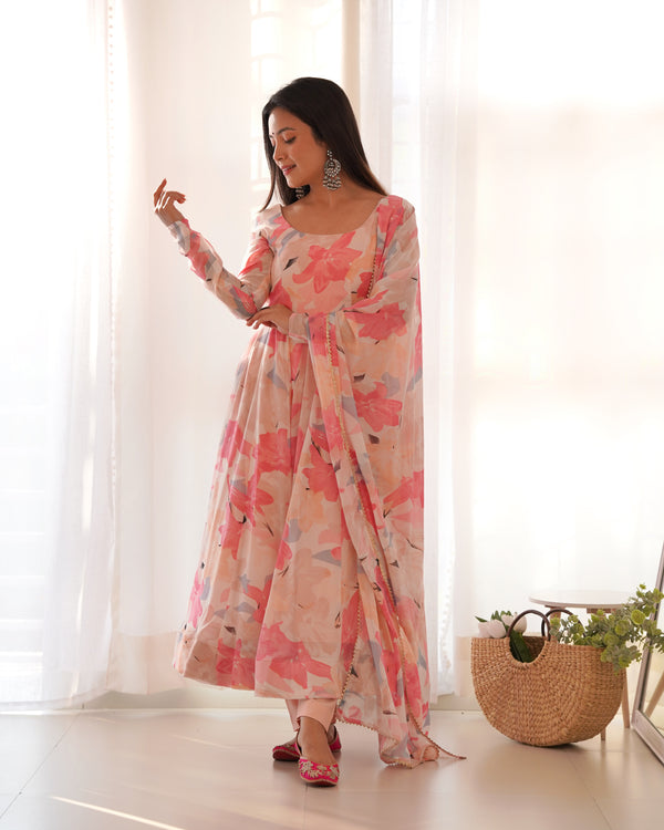 Peach Elegant Laheriya Print Multi-Floral Anarkali Set – Pure Fox Georgette | Wedding & Festive Wear