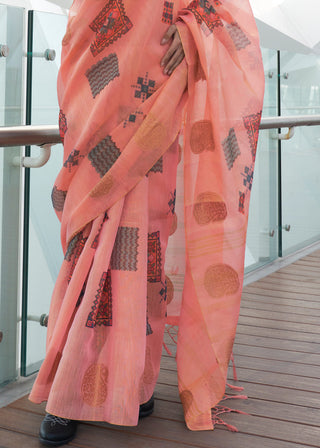 Peach Elegant Linen Silk Saree – Breathable & Stylish with Blouse Piece ClothsVilla