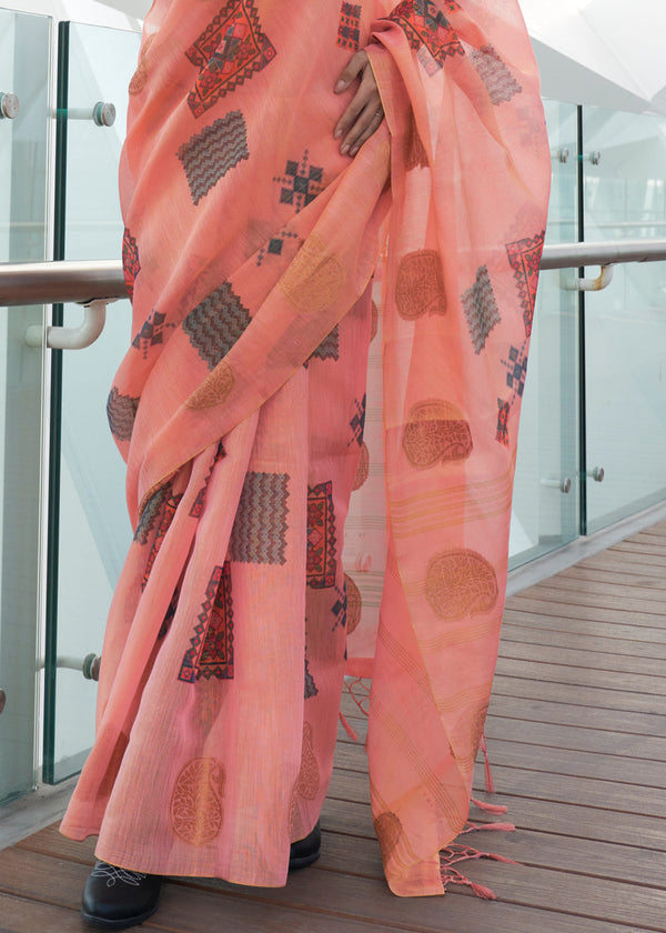 Peach Elegant Linen Silk Saree – Breathable & Stylish with Blouse Piece ClothsVilla