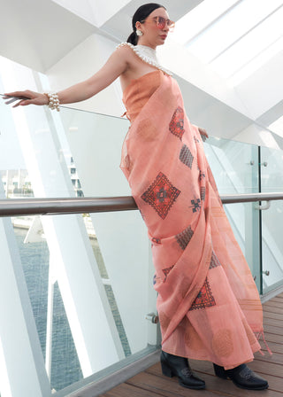 Peach Elegant Linen Silk Saree – Breathable & Stylish with Blouse Piece ClothsVilla