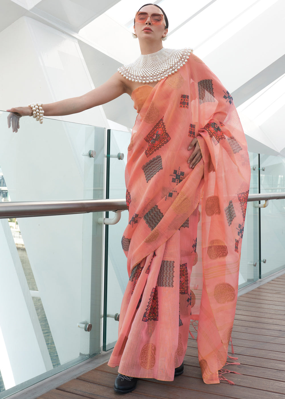 Peach Elegant Linen Silk Saree – Breathable & Stylish with Blouse Piece Secondary image