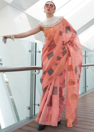 Peach Elegant Linen Silk Saree – Breathable & Stylish with Blouse Piece ClothsVilla
