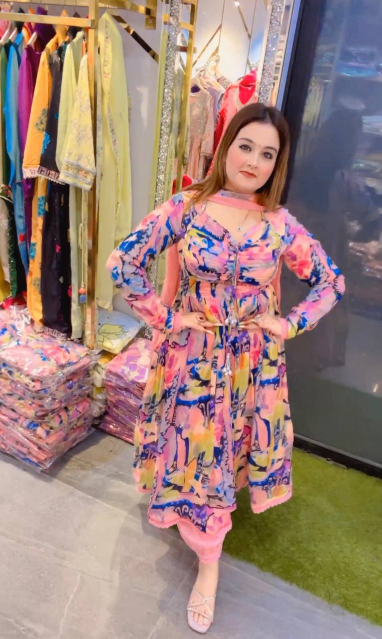 Peach Elegant Padded Naira Cut Chinon Silk Printed Dress with Dupatta – Perfect for Festive and Party Wear Clothsvilla Main image