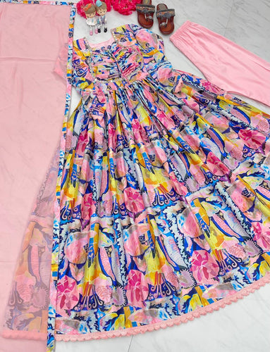 Peach Elegant Padded Naira Cut Chinon Silk Printed Dress with Dupatta – Perfect for Festive and Party Wear Clothsvilla