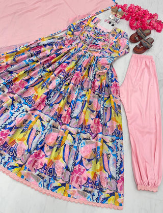 Peach Elegant Padded Naira Cut Chinon Silk Printed Dress with Dupatta – Perfect for Festive and Party Wear Clothsvilla