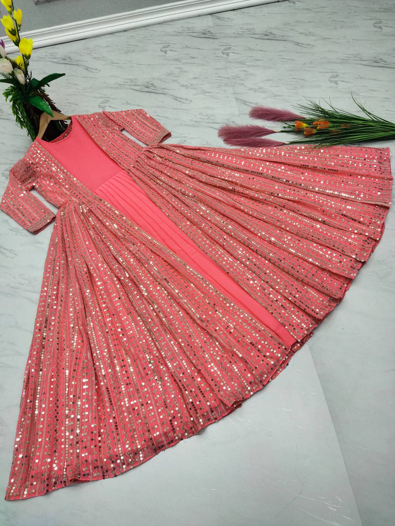 Peach Elegant Party Wear Gown & Long Koti Set with Embroidery and Sequins Clothsvilla