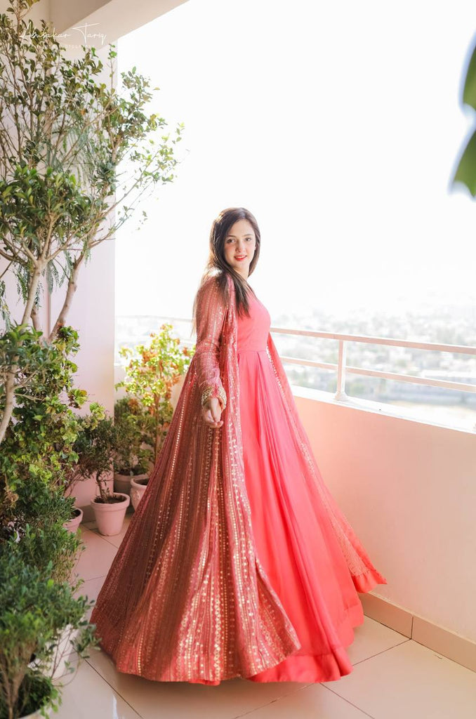 peach colour party wear dress Chiffon Party Dress with Embroidery in Peach Color Custom