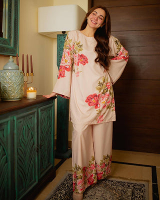 Peach Elegant Pure Natural Crepe Digital Print Co-Ord Set Top & Plazzo – Fully Stitched ClothsVilla