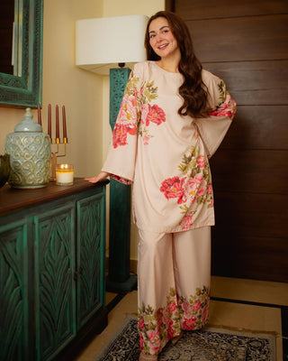 Peach Elegant Pure Natural Crepe Digital Print Co-Ord Set Top & Plazzo – Fully Stitched ClothsVilla