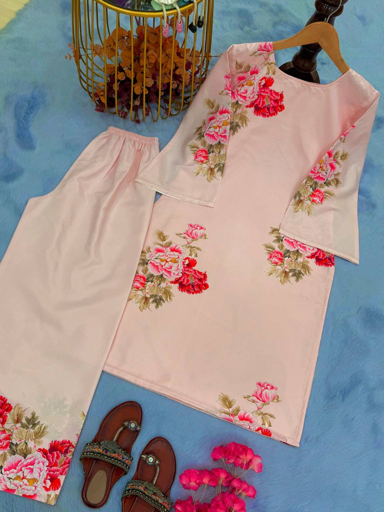 Peach Elegant Pure Natural Crepe Digital Print Co-Ord Set Top & Plazzo – Fully Stitched ClothsVilla