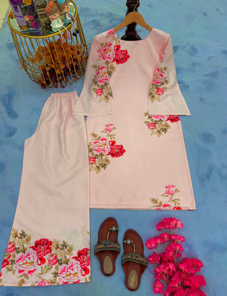 Peach Elegant Pure Natural Crepe Digital Print Co-Ord Set Top & Plazzo – Fully Stitched ClothsVilla