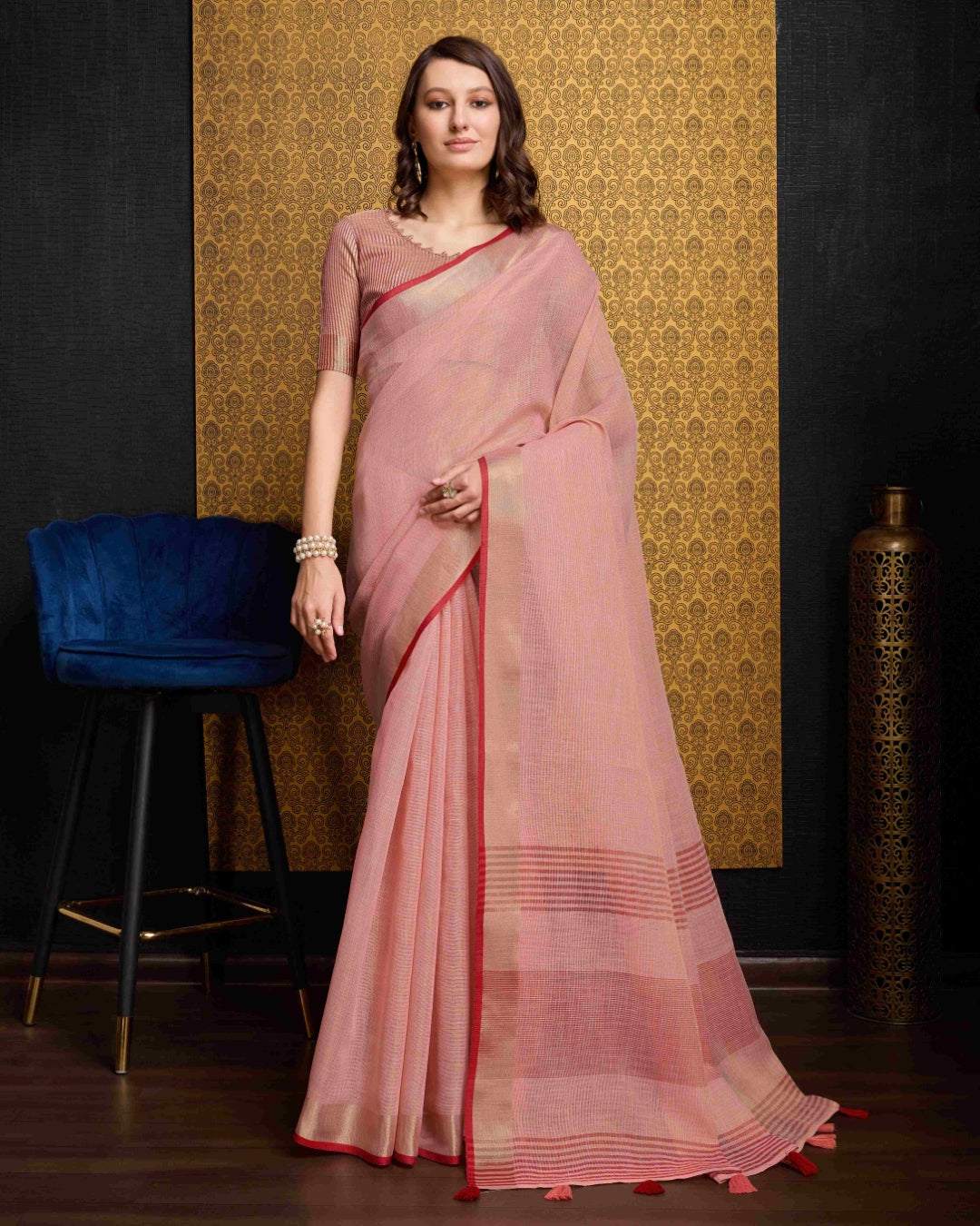 Peach Elegant Solid Saree with Zari Border – Timeless Grace ClothsVilla Main image