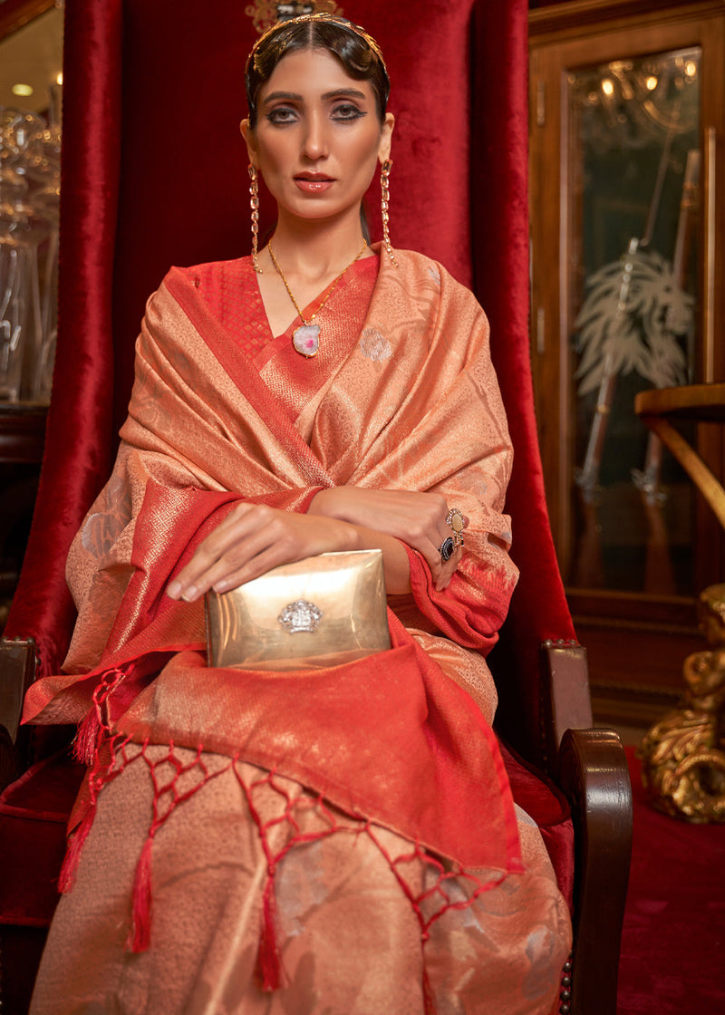 Peach Elegant Tanchoi Woven Banarasi Silk Blend Saree with Blouse Piece ClothsVilla