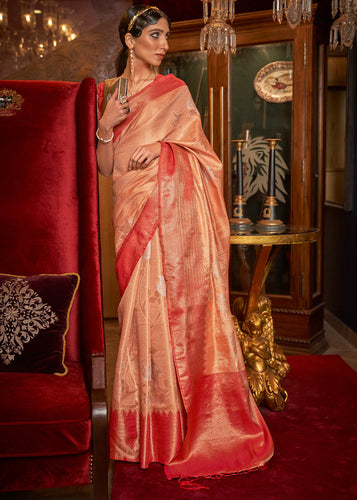 Peach Elegant Tanchoi Woven Banarasi Silk Blend Saree with Blouse Piece ClothsVilla