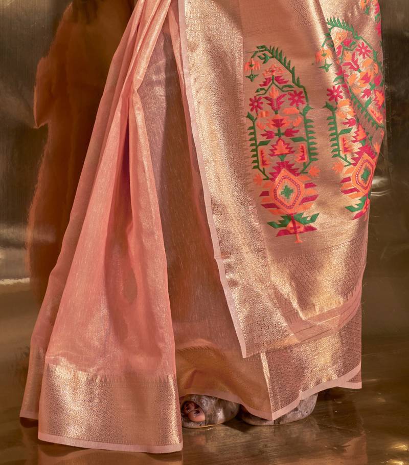 Peach Elegant Tissue Paithani Silk Saree with Designer Border & Embroidered Pallu ClothsVilla