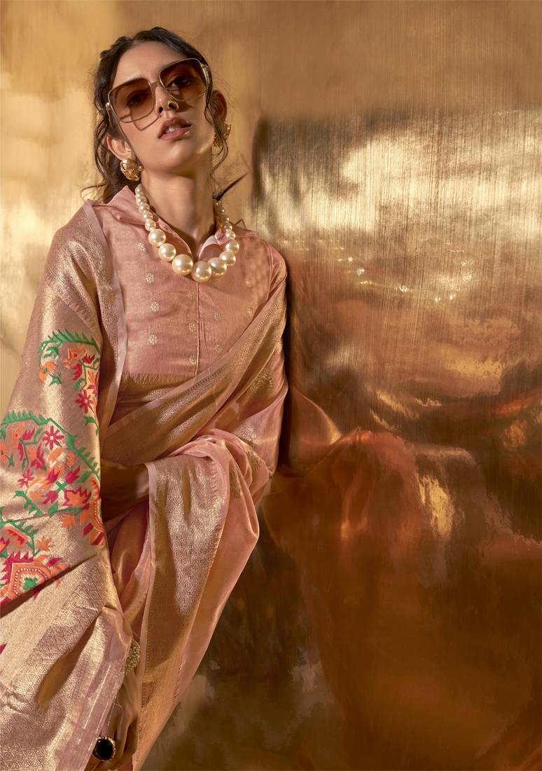 Peach Elegant Tissue Paithani Silk Saree with Designer Border & Embroidered Pallu ClothsVilla