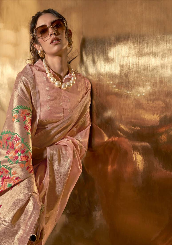 Peach Elegant Tissue Paithani Silk Saree with Designer Border & Embroidered Pallu ClothsVilla