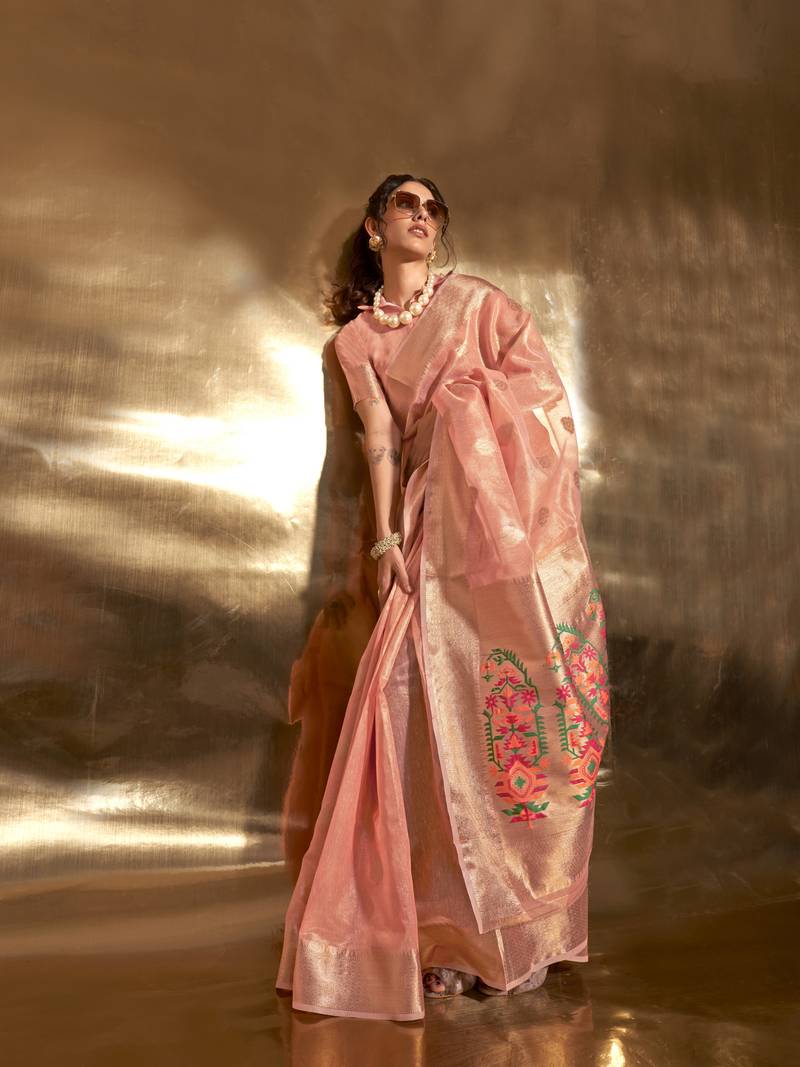 Peach Elegant Tissue Paithani Silk Saree with Designer Border & Embroidered Pallu ClothsVilla Main image