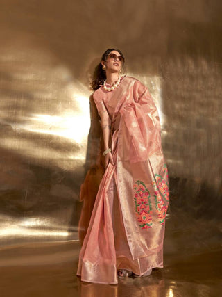 Peach Elegant Tissue Paithani Silk Saree with Designer Border & Embroidered Pallu ClothsVilla