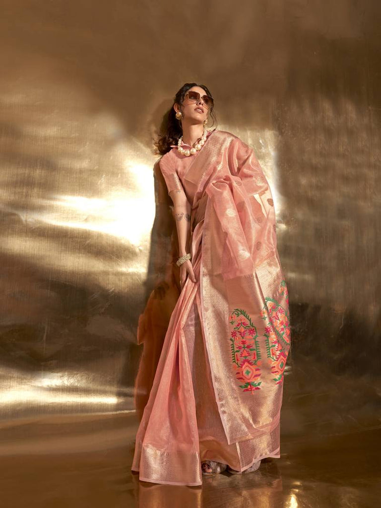Peach Elegant Tissue Paithani Silk Saree with Designer Border & Embroidered Pallu ClothsVilla